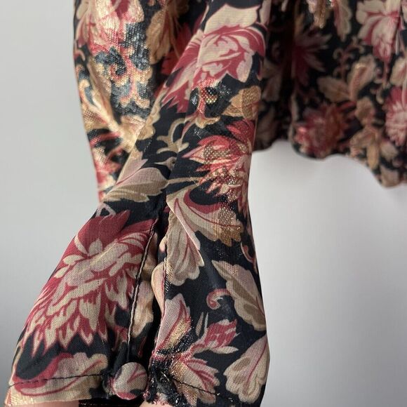 EXPRESS Top Womens Small S Metallic Gold Red Floral Peplum Blouse NEW Faux Wrap - Picture 7 of 10